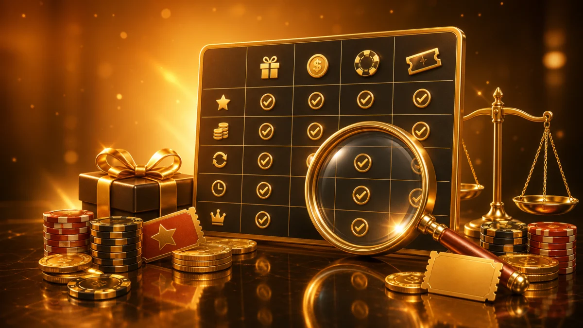 Lupa dourada, checklist abstrato, moedas e fichas para comparar bônus de cassino